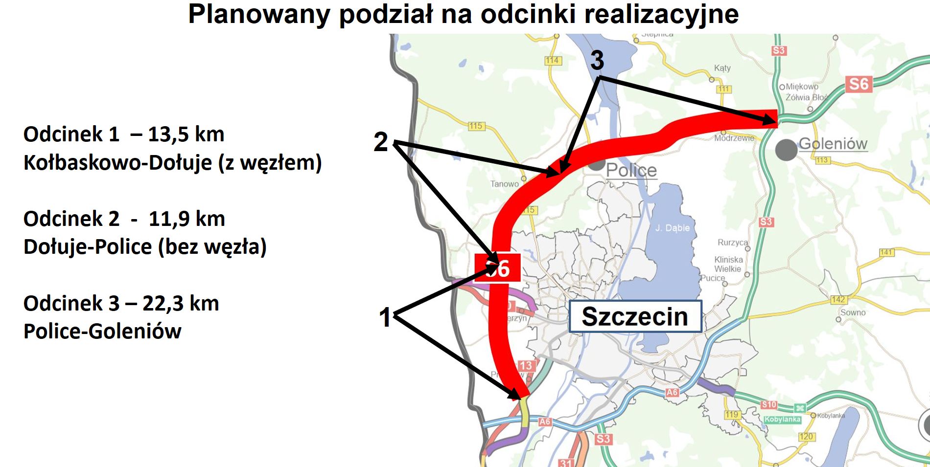 Przebieg Zachodniej Obwodnicy Szczecina w ciągu drogi S6 z podziałem na przyszłe odcinki realizacyjne.